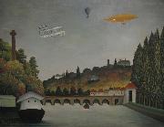 Henri Rousseau View of the Pont Sevres and the Hills of Clamart, Saint-Cloud, and Bellevue with Biplane, Ballon and Dirigible By Henri Rousseau oil